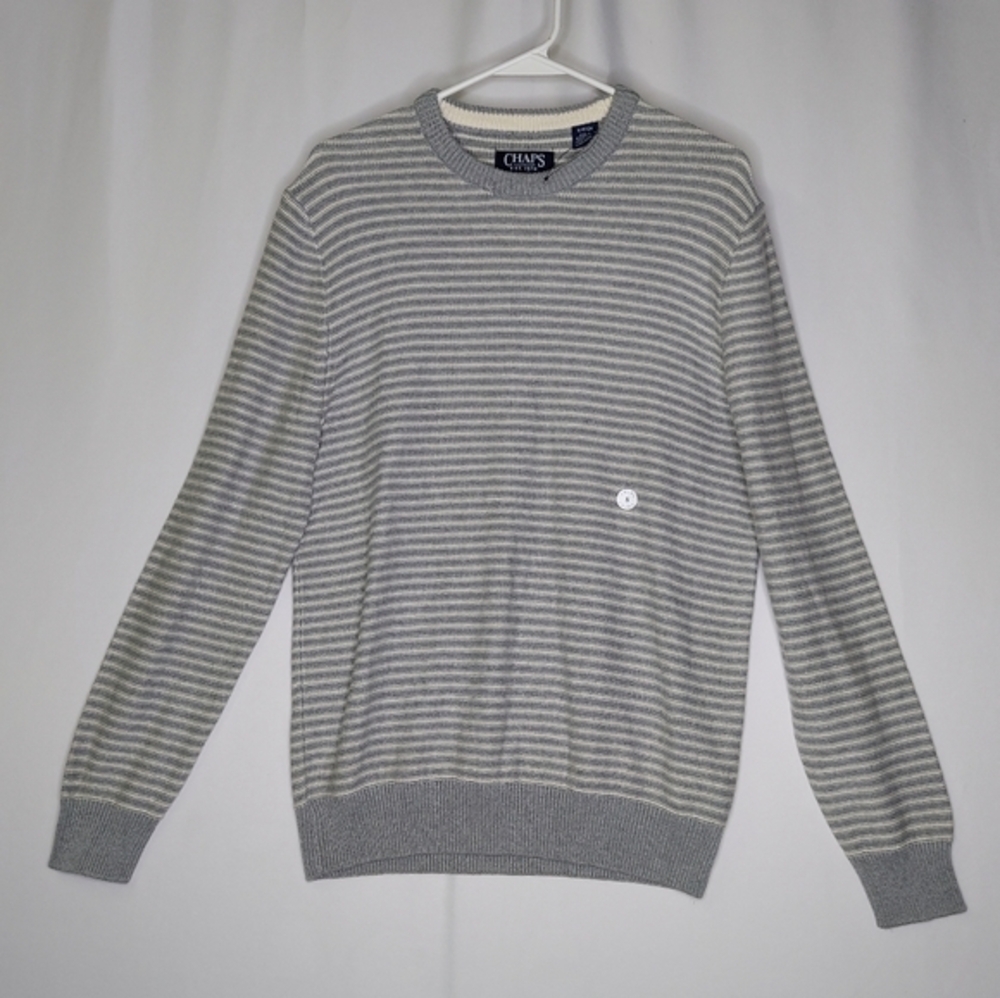 Chaps Stripe Sweater Men Small Gray Cream Crew Cotton Preppy‎ Nautical Classic